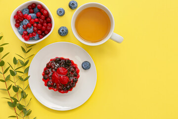 Tasty breakfast on color background