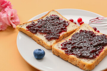 Tasty breakfast on color background