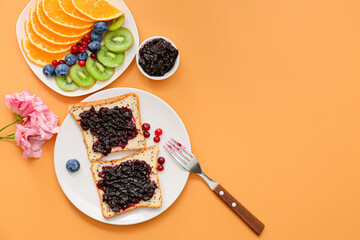 Tasty breakfast on color background