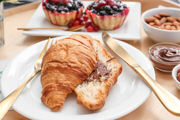 Tray with tasty breakfast, closeup