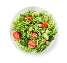 Plate of fresh salad with vegetables on white background