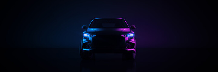Obraz na płótnie Canvas Sports car, studio setup on a dark background. 3d rendering 