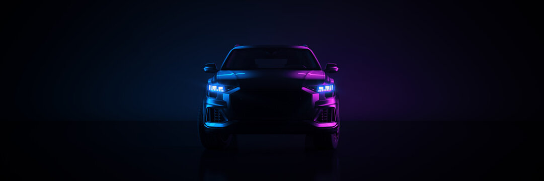 Sports car, studio setup  on a dark background. 3d rendering	
