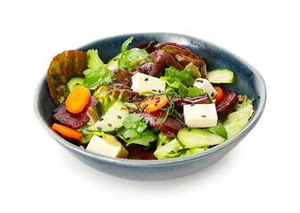 Bowl of fresh salad with vegetables on white background