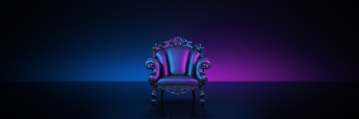 Retro sofa with neon light background. 3d rendering