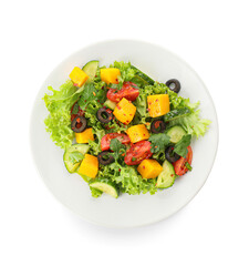 Plate of fresh salad with vegetables on white background