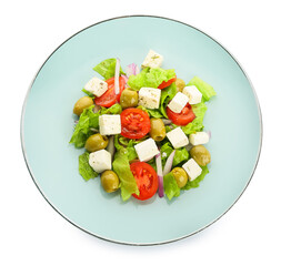 Plate with fresh Greek salad on white background
