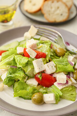 Plate with fresh Greek salad, closeup