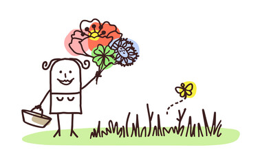 Cartoon Woman in Countryside, Picking Flowers