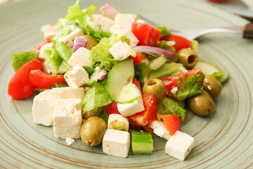 Plate with fresh Greek salad, closeup