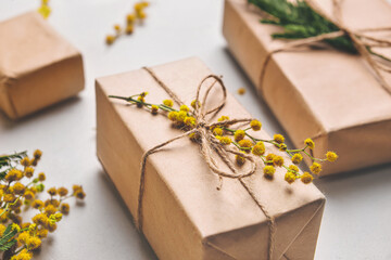 Gift boxes with mimosa branches on light background, closeup