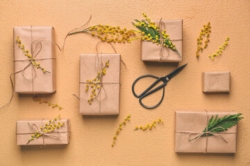 Gift boxes with mimosa branches on color background