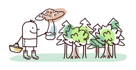 Cartoon Man in Forest, Picking Mushroom