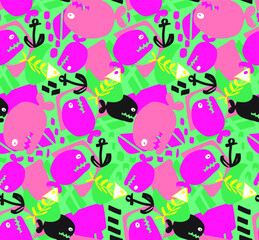 Fototapeta premium Abstract Hand Drawing Childish Marine Fishes Fishbones and Geometric Shapes Seamless Vector Pattern Colorful Background