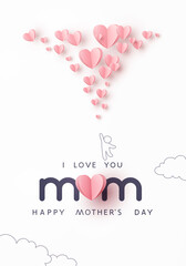 Mother's day postcard with paper flying elements and man on white sky background. Vector symbols of love in shape of heart for greeting card design