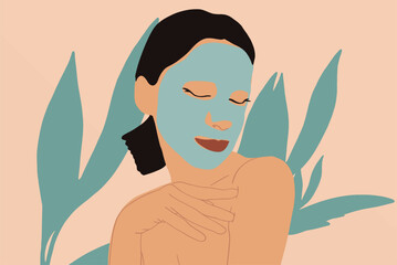 Pretty woman with detox turquoise mask on face with plant leafs behind. Clean and beauty skincare concept. Wellness and anti-age. Vector Illustration.