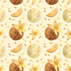 Seamless pattern - watercolor Ice Cream Balls with orange and with physalis on a beige background. Product clipart. Premium dessert food, hand drawn illustration.