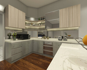 Interior of kitchen in vintage style. kitchen cabinet design with parquet flooring and round bar table.
