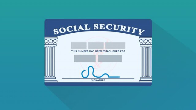 A hand presents his American social security card on blue background with shadow (flat design)	