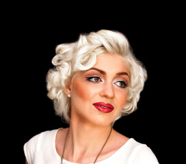 Pretty blond girl model like Marilyn Monroe in white dress with red lips