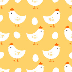 Seamless pattern with little chicken and eggs on yellow  background vector illustration.