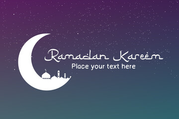 Naklejka na ściany i meble Ramadan kareem islamic greeting background design with silhouette crescent moon and mosque arabic calligraphy vector