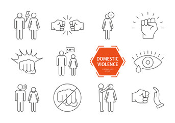 Domestic violence icons set. Domestic abuse line icons. Set of family violence and discrimination woman. Vector illustration. Editable stroke