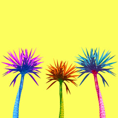 Abstract bright multicolored palms on a yellow background.