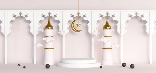 3d islamic decoration gold background for ramadan eid mubarak with golden mosque, crescent, ketupat, lantern, drum, canon, star, ornament