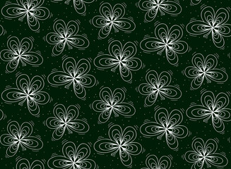 Seamless repeating pattern with pentapetal leaf in loops. Contour white objects on a dark green.