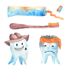 Dental care set. Health and cavity tooth with brush and topthpaste
