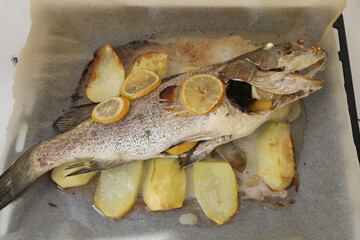 Closeup on healthy organic lunch fresh fish fillet with a lemon,potato horizontal format