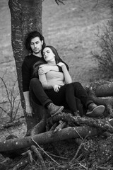 Beautiful sensual portrait of young stylish couple in love.Image of adorable brunette couple in love. Happy family.