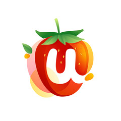 Letter U logo on a tasty ripe Strawberry with green leaves and juice splashes.