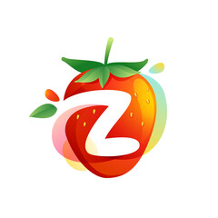 Letter Z logo on a tasty ripe Strawberry with green leaves and juice splashes.