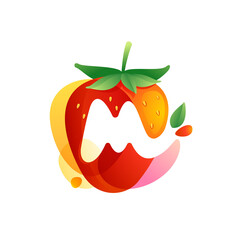Letter M logo on a tasty ripe Strawberry with green leaves and juice splashes.