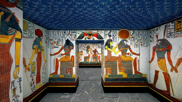 3d Rendering Animation Of A Tomb with old wallpaintings in ancient Egypt.