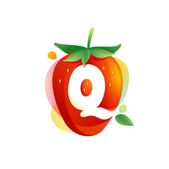 Letter Q logo on a tasty ripe Strawberry with green leaves and juice splashes.