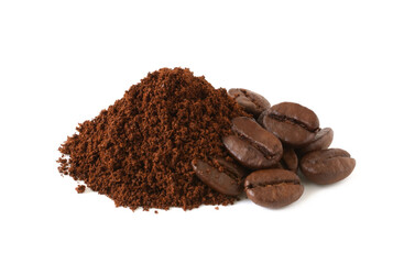 Coffee powder (ground coffee beans) and coffee beans isolated on the white background.