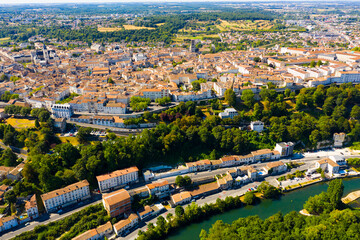 Flight over the city Angouleme on summer day. France