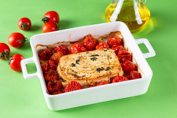 Trending viral Feta bake pasta recipe made of tomatoes, cheese, garlic and herbs in a casserole dish on a colored background.