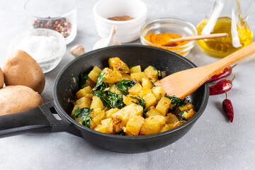Aloo Palak sabzi. Spinach Potatoes curry served in a bowl. Ingredients. Step by step cooking. Popular Indian recipe