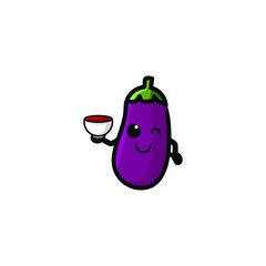 Cute Eggplant Cartoon Character Vector Illustration Design. Outline, Cute, Funny Style. Recomended For Children Book, Cover Book, And Other.