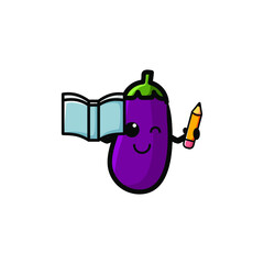 Cute Eggplant Cartoon Character Vector Illustration Design. Outline, Cute, Funny Style. Recomended For Children Book, Cover Book, And Other.