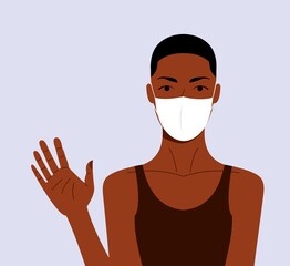 african american young girl, woman in medical mask, raised her hand up