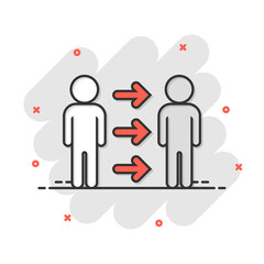 People referral icon in comic style. Business communication vector cartoon illustration pictogram. Reference teamwork business concept splash effect.