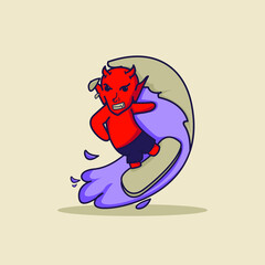 Cute Surf Devil Cartoon Character Vector Illustration Design. Outline, Cute, Funny Style. Recomended For Children Book, Cover Book, And Other.