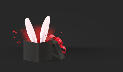 Happy Easter Holiday card with hare ears. Surprize. 3D style vector Easter banner