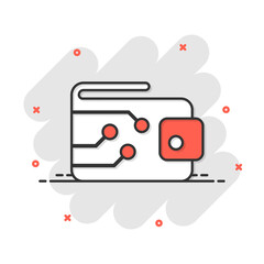 Digital wallet icon in comic style. Crypto bag vector cartoon illustration pictogram. Online finance, e-commerce business concept splash effect.