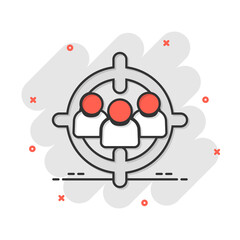 Target audience icon in comic style. Focus on people vector cartoon illustration pictogram. Human resources business concept splash effect.